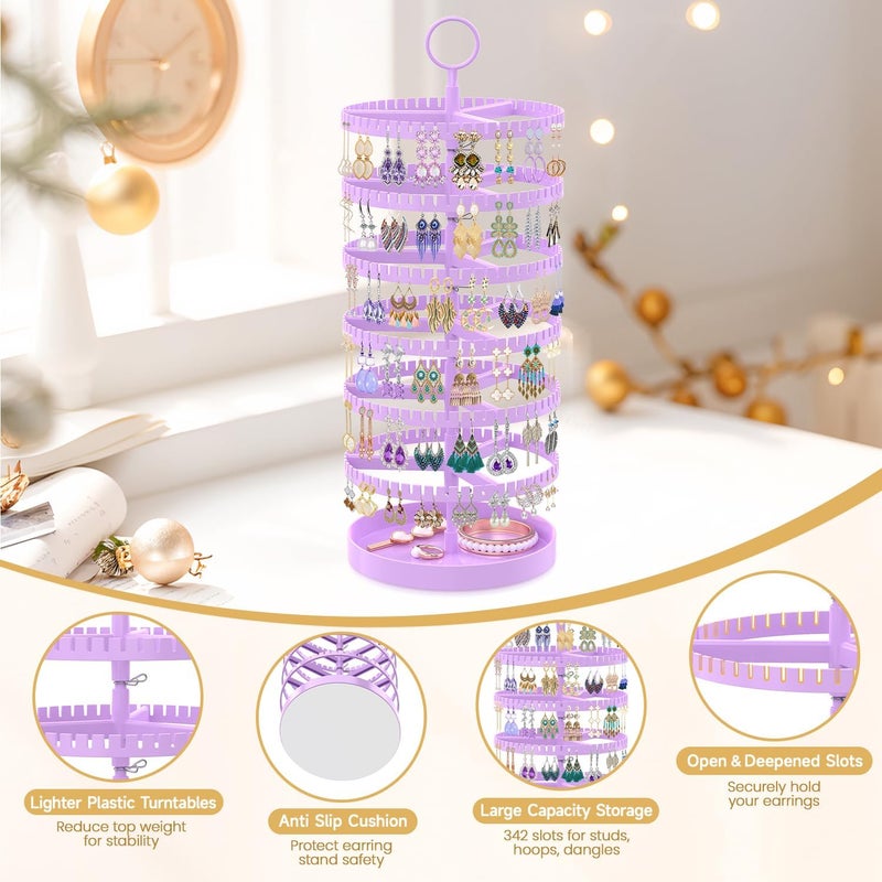 MODOWEY 6 Tier Rotating Earring Holder Organizer Display Tree with Metal Tray, Adjustable Plastic Stand with 342 Slots for Stud Hoop Hanger, Large Capacity Storage Rack for Women, Purple - Image 5